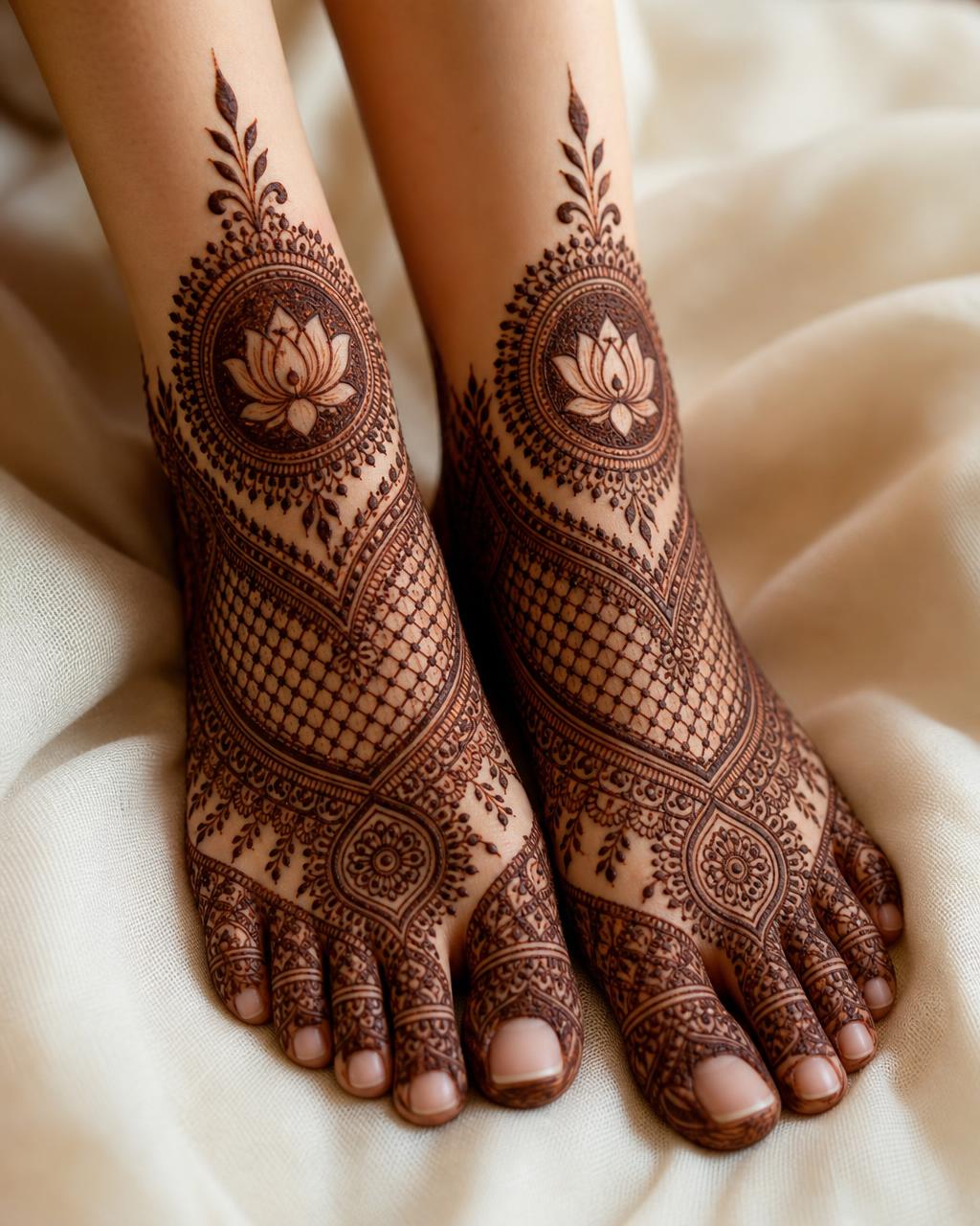 Bridal feet mehndi with lotus and jaali panels in a rich dark maroon stain