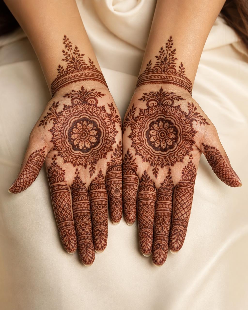 Bridal mehndi on both palms with dense floral mandalas and fine finger detailing in a deep maroon stain