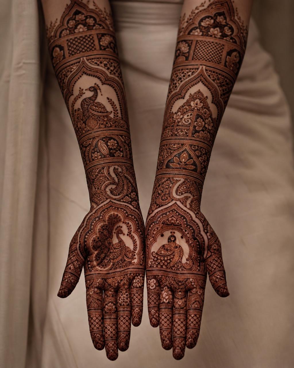 Royal bridal mehndi covering both forearms with peacock and jaali panels