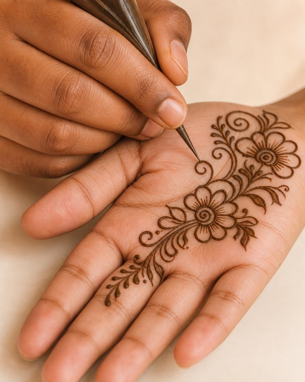 Mehndi artist piping fine henna lines from a cone onto a bride's palm