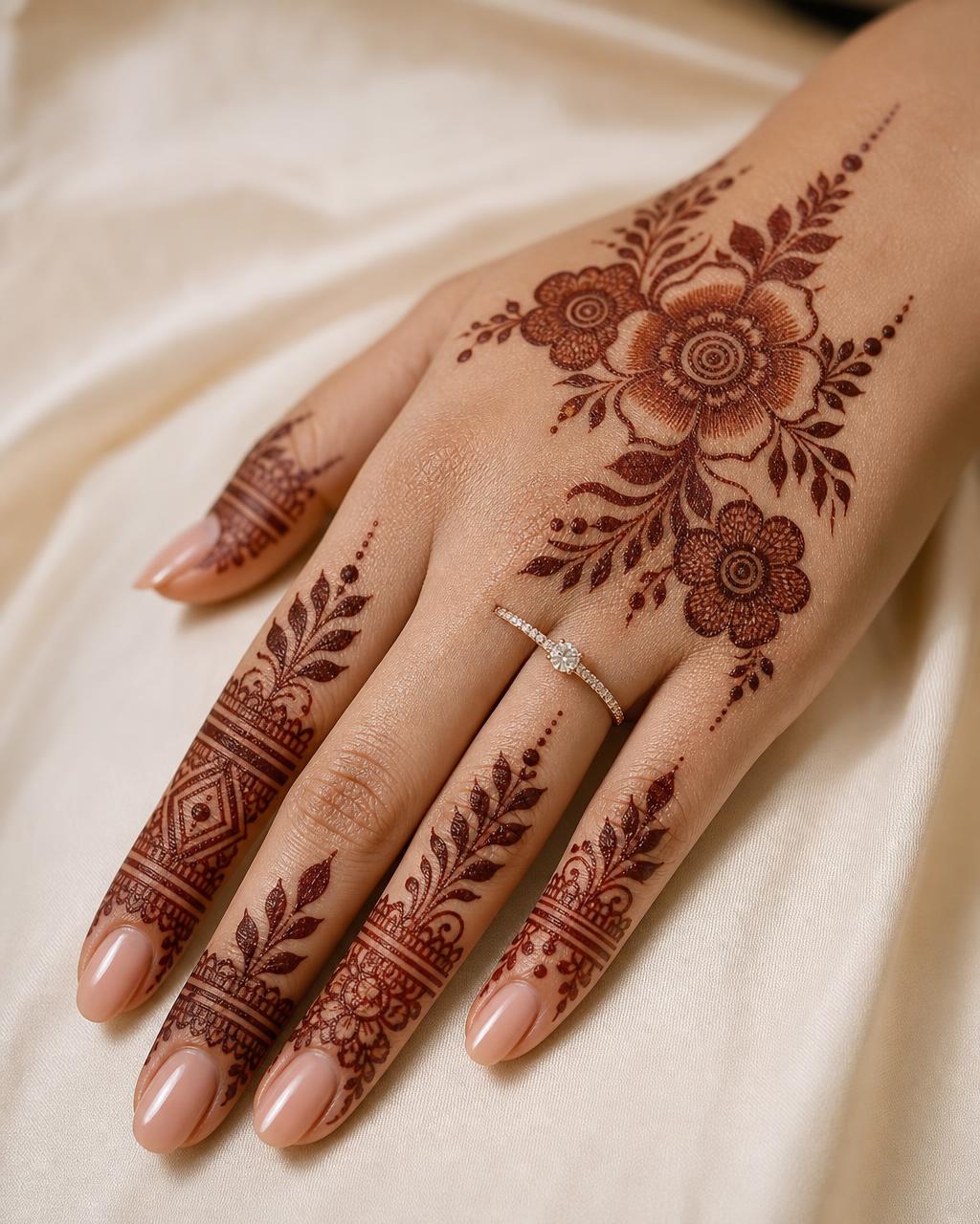 Engagement mehndi with floral motifs on the back of the hand beside a diamond ring