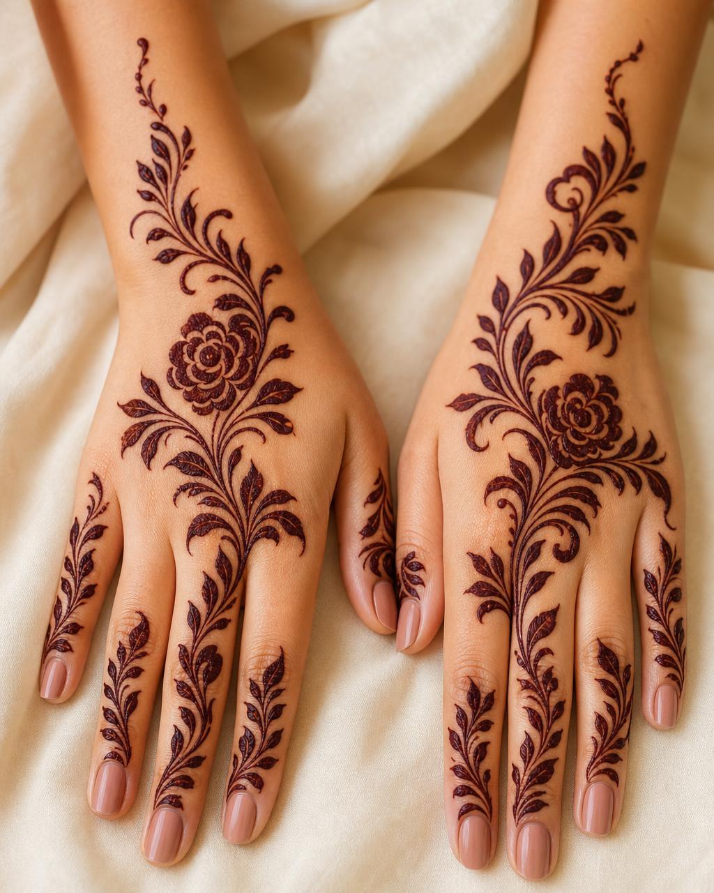 Fresh Arabic henna design with glossy dark paste