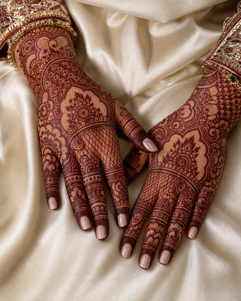 Close-up of intricate bridal mehndi on both hands