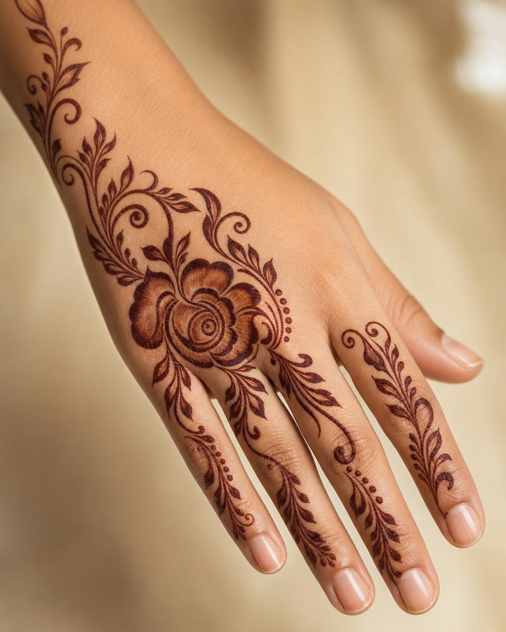 Arabic mehndi with a bold rose and flowing floral vine trail across the back of one hand