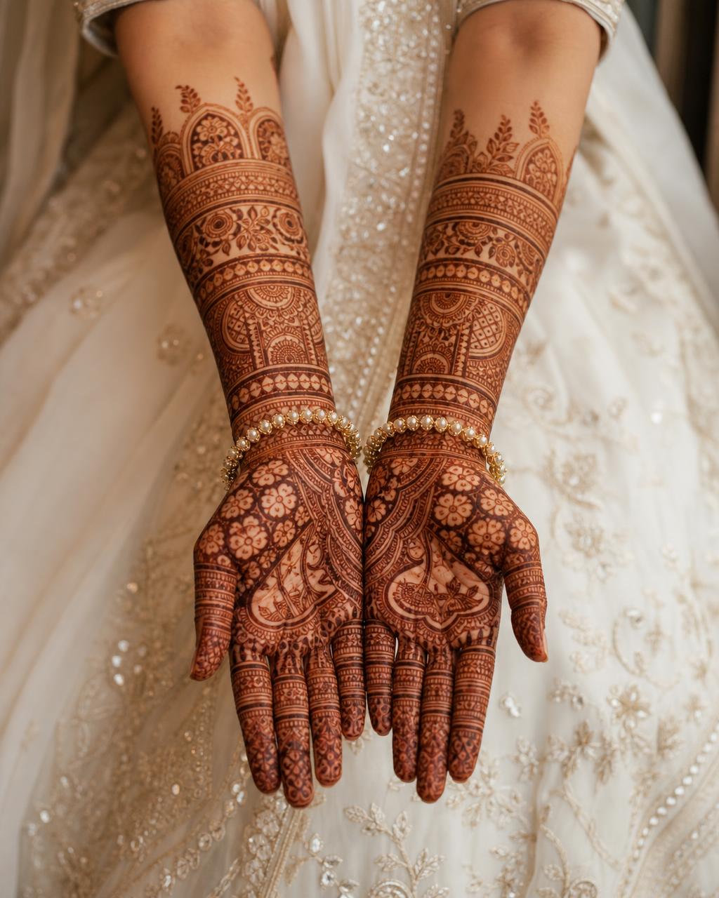 Completed bridal mehndi on both hands and forearms with dense jaali and portrait motifs